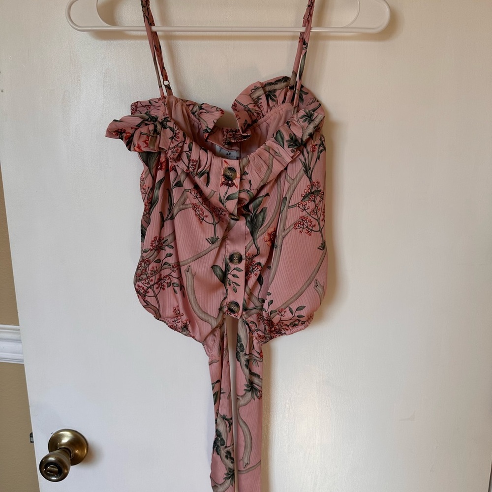 H&M Pink Ruffled Bodysuit with Tie Front